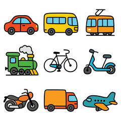 Hand-drawn cartoon transport icon set isolated on white background. Car, bus, tram, bicycle, moped, motorbike, truck, airplane. Vector illustration.