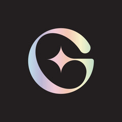 Holographic letter G logo design with a star in the center against a black background, creating a modern and mystical atmosphere, suitable for branding, web design, and creative projects