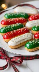 Obraz premium Festive christmas eclairs holiday dessert red green white eclairs pastry sweets delicious treats food photography