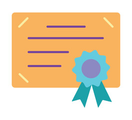 Colorful certificate icon with an award ribbon. A simple flat design symbol for achievement, graduation, or quality guarantee, isolated on a white background.