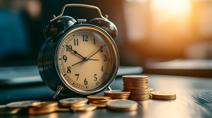 Alarm clock sits next to stacks of coins on table, symbolizing concept of time is money. warm sunlight casts glow, creating sense of urgency and value