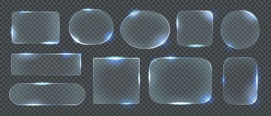 Collection of futuristic glass transparent light frame hud. Light glass white frames s Various shapes with radiant borders. Rectangle, circle and rounded designs with glowing edges on dark backdrop. © lightgirl