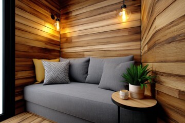 Tiny house living concept. Cozy corner with wooden walls and soft cushions inviting relaxation.
