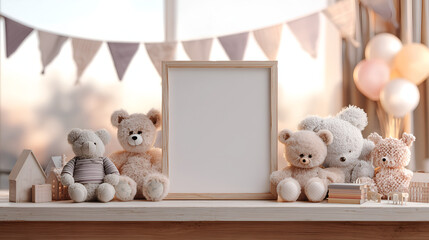 Pastel nursery mockups featuring frames and wall art in scandinavian kids rooms. Minimal, cozy, and trendy interiors for poster, artwork, and decor presentations.