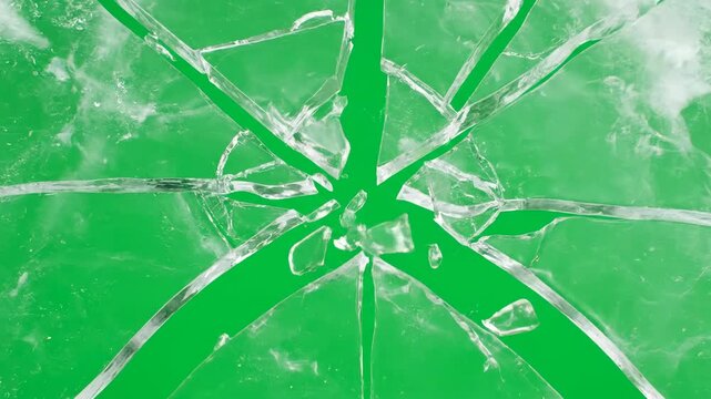 A sheet of ice cracking and shattering into many pieces, isolated on a solid green screen element, force, winter