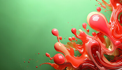 An energetic and vibrant abstract splash of glossy red and orange liquid paint creating a dynamic swirl on a smooth green background