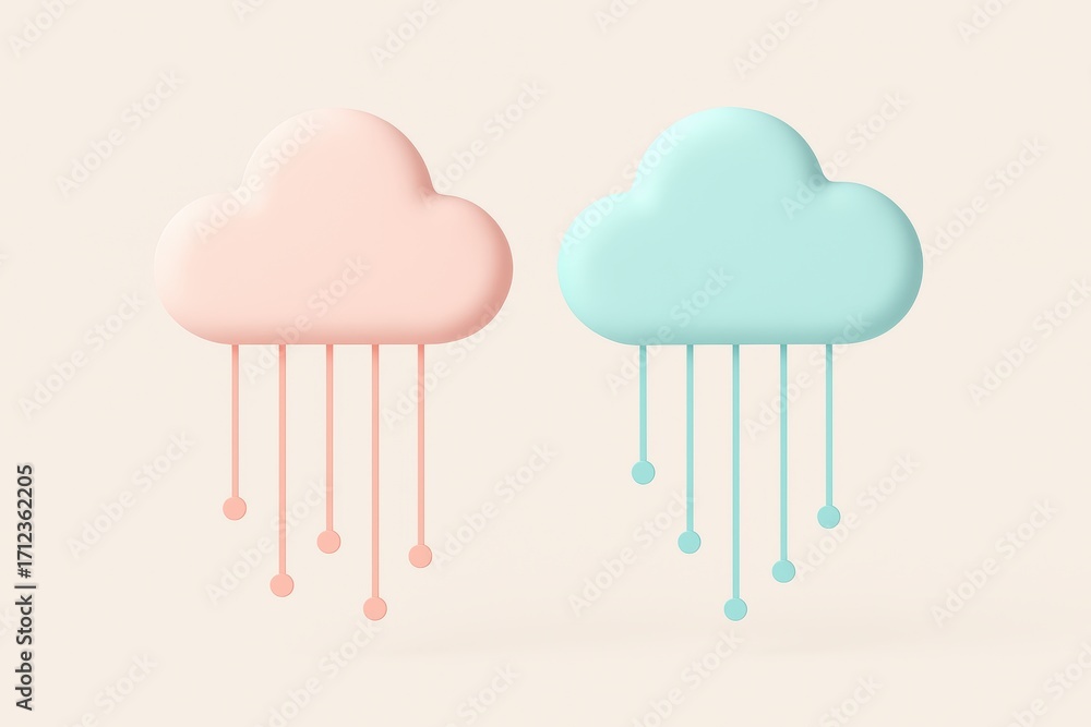 Poster data clouds: two pastel-colored data clouds, symbolizing connectivity, each features delicate lines 