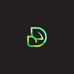 Minimalist letter D leaf design with green and yellow gradient on a black background, conveys sustainability, nature, and eco-friendliness. Ideal for branding, and environmental campaigns.