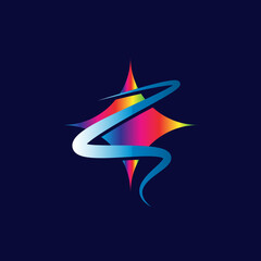 Obraz premium Abstract design featuring a vibrant star shape with a flowing ribbon element, set against a dark blue background. Great for technology, innovation, or creative industry branding.