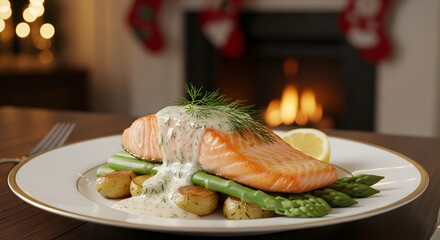 Salmon dinner plate with asparagus potatoes and lemon near fireplace christmas dinner delicious food dish