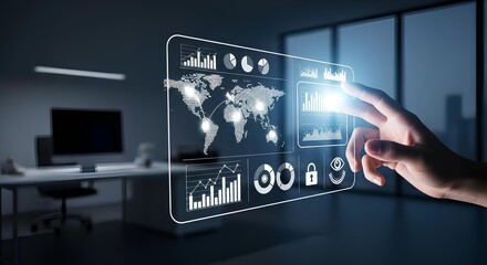 A hand interacts with a transparent digital interface displaying world map, charts, graphs, and data visualizations in a modern office setting.