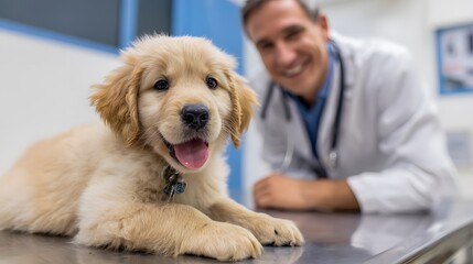 Golden Retriever puppy at the vet with a smiling doctor