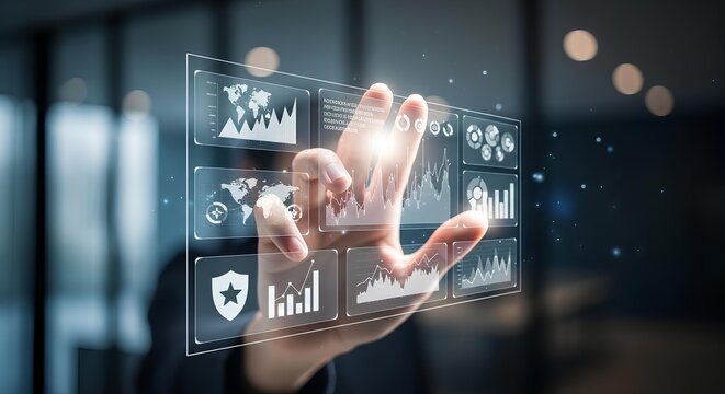 Hand interacting with a transparent digital interface displaying various graphs, charts, and data visualizations in a modern, blurred office environment.
