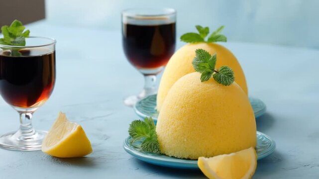 Two lemon-flavored desserts, garnished with fresh mint leaves, sit alongside glasses of dark liqueur and lemon slices.
