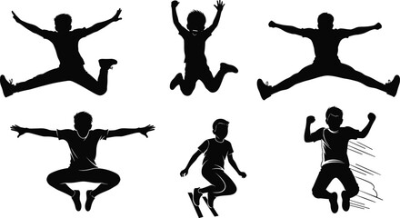 Jumping boy silhouette collection, energetic kid vector design, active child illustration, fitness sport movement, dynamic leap pose, playful children activity