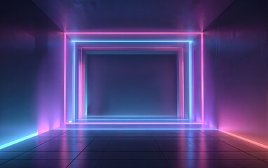 Neon Light Tunnel with Glowing Rectangular Frames.