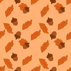 seamless autumn-themed pattern Brown acorns and orange yellow leaves on a warm, light background. 