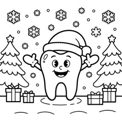 Happy tooth character wearing santa hat in snowy christmas scene