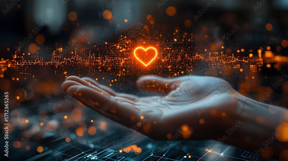 Poster a glowing digital heart icon hovers above an open hand surrounded by abstract data streams and light