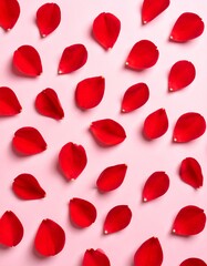 Vibrant Red Rose Petals Scattered on a Pink Background for Romantic and Decorative Use