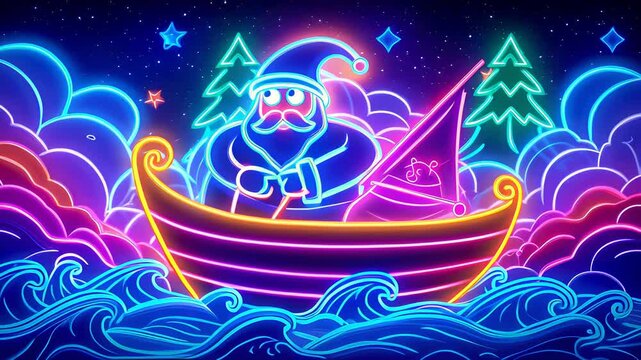 A neon sign of Santa Claus in a boat on a river. The boat is surrounded by a colorful background