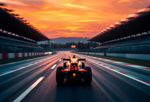 Blurred speed, vibrant race track background at sunset,  checkered flag, track