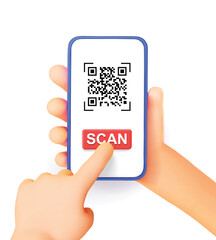 Cartoon hand using Smartphone scan QR code pay bill. Fast mobile bill payment concept. Online payment, money transaction on mobile app service. 3d vector