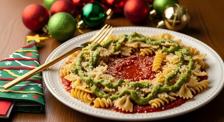 Christmas pasta wreath with pesto and tomato sauce festive holiday meal food photography and golden fork