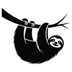 Black silhouette of a happy sloth hanging from a tree branch © MDANTOR