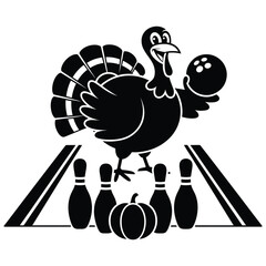 Cartoon turkey holding bowling ball on bowling lane with pins and pumpkin