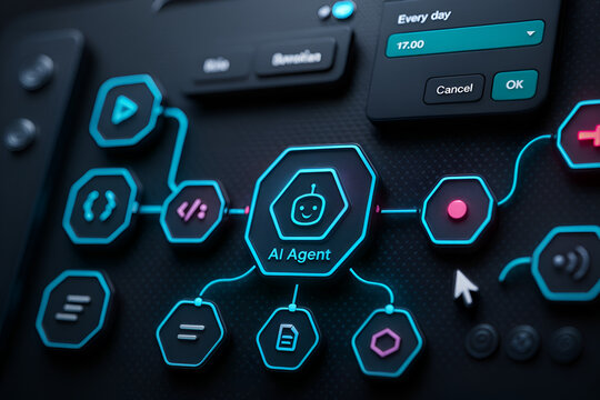 Futuristic AI agent interface with neon glowing icons and workflow connections, symbolizing artificial intelligence, automation, and digital technology innovation