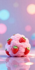 3D Strawberry Cotton Candy Art Toy on Reflective Surface with Pastel Bokeh Background