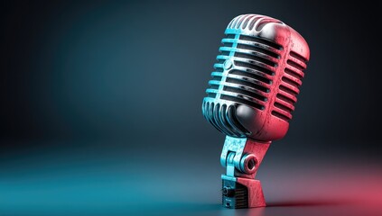 A vintage microphone, rendered in vibrant hues of red and cyan, rests against a dramatic backdrop.