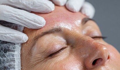 Beautician applying cream on woman's forehead for skin treatment