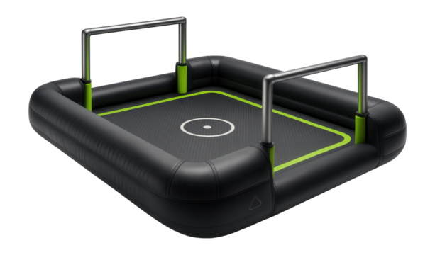 Inflatable sports arena with goalposts and a central jumping area for active play