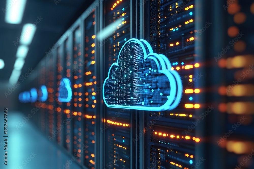 Poster cloud server room with glowing blue cloud icons and it infrastructure for ai computing, data storage
