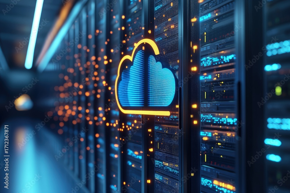 Poster cloud server corridor with glowing blue and orange cloud icon representing it infrastructure, ai com