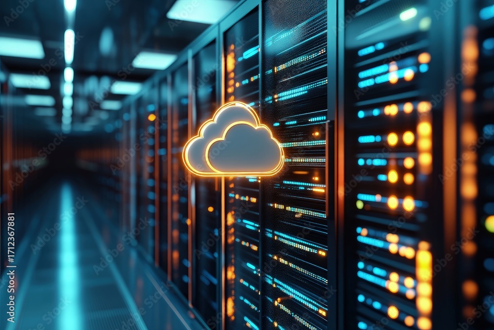 Poster cloud server corridor with glowing orange cloud icon representing it infrastructure, ai computing, c
