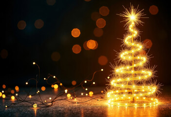 Glowing Christmas Tree Lights on Dark Background. Text space