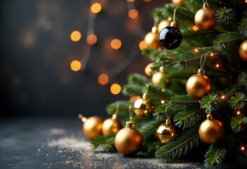 Decorative New Year tree with balls and lights, text space. Celebration concept
