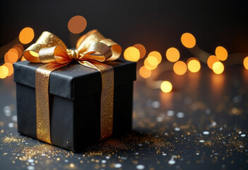 Elegant Black Gift Box with Gold Bow and Bokeh Lights. Text space