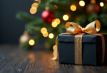 Christmas gift box with golden ribbon near the Christmas tree with bokeh lights, text space