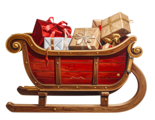 Realistic Santa’s Sleigh Loaded with Gifts, Side View, isolated on transparent background PNG