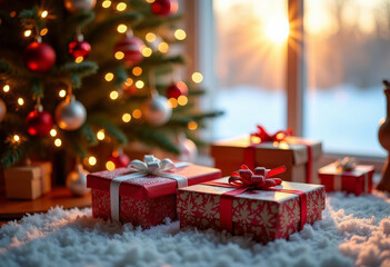 Christmas gifts under the tree festive holiday, sunny morning