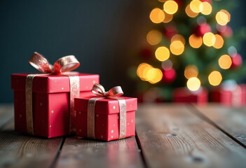 Christmas presents on wooden plank background near the festive tree