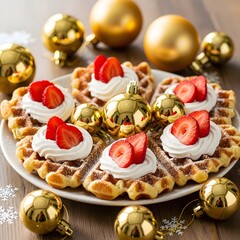 Fototapeta premium Christmas waffles strawberry dessert holiday food sweet treat golden ornaments delicious breakfast festive season