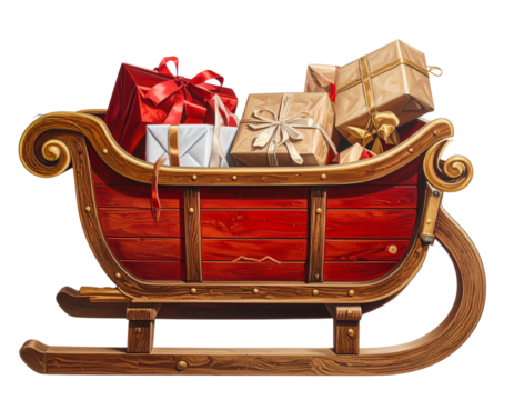Realistic Santa’s Sleigh Loaded with Gifts, Side View, isolated on transparent background PNG