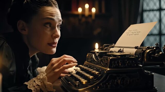 woman typing on vintage typewriter by candlelight at night - Powered by Adobe