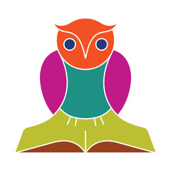 A colorful wise owl on an open book. A modern flat design symbol for education, knowledge, and learning, perfect for a school or library logo.