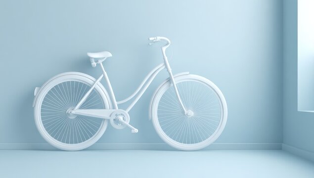A pristine, minimalist, light-blue interior setting showcases a classic white bicycle, highlighting simple elegance.